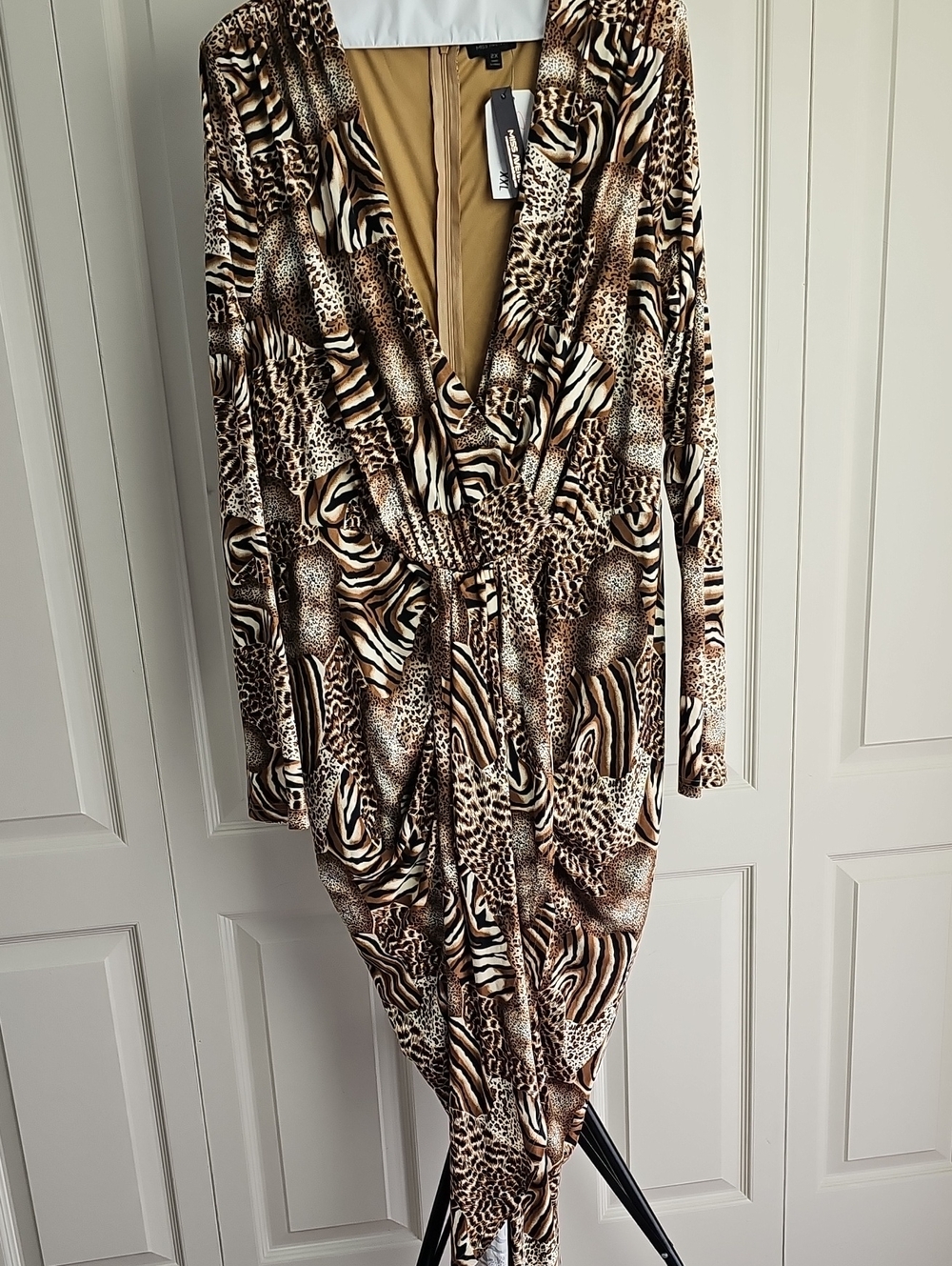 Miss Avenue Long-Sleeve Animal Print Wrap Dress in Brown and Cream